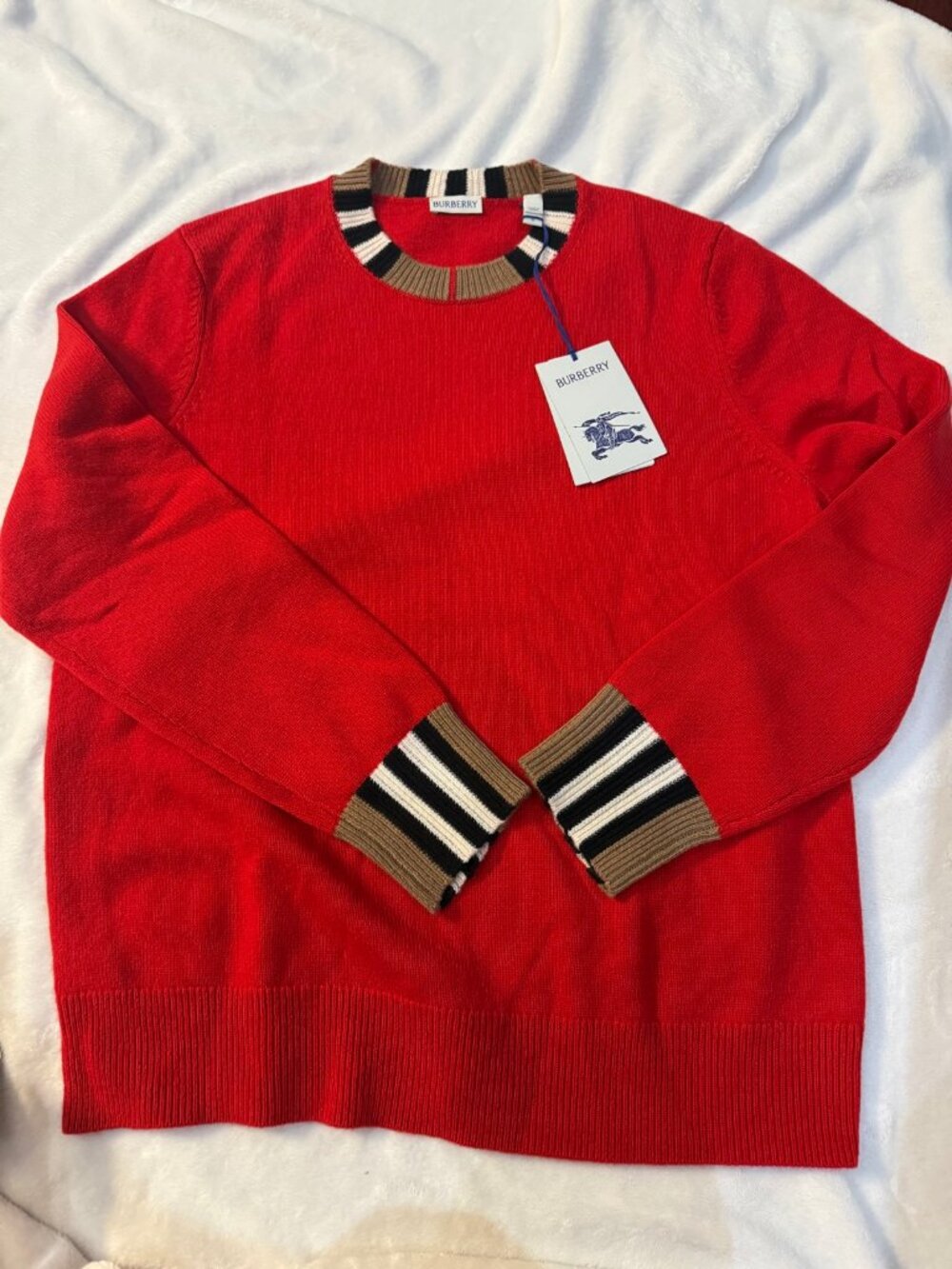 Burberry Women's Red Icon Stripe Wool Cashmere Crewneck Sweater L NWT